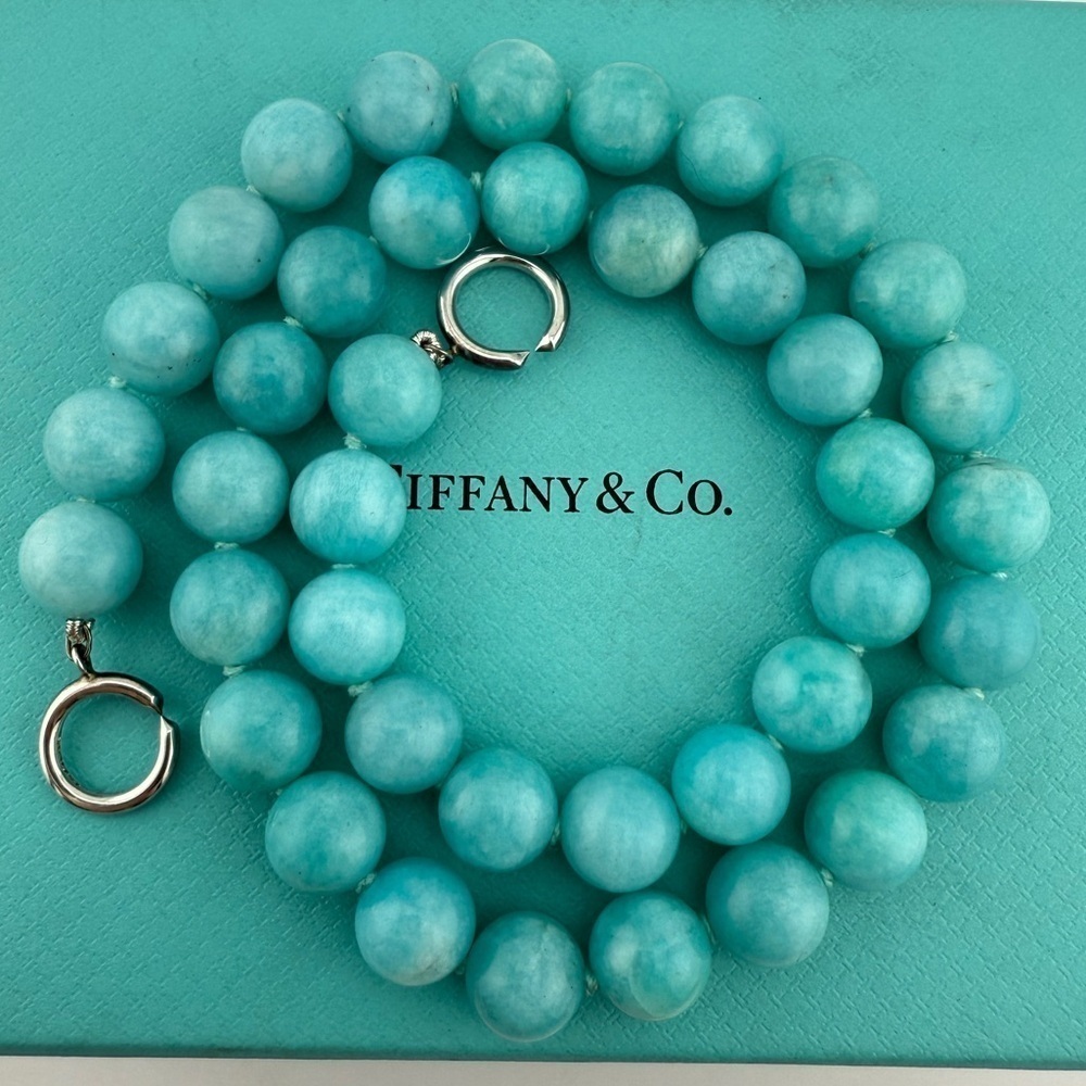 RARE Tiffany & Co. 10mm Amazonite Gemstone Necklace 18" Sterling Silver